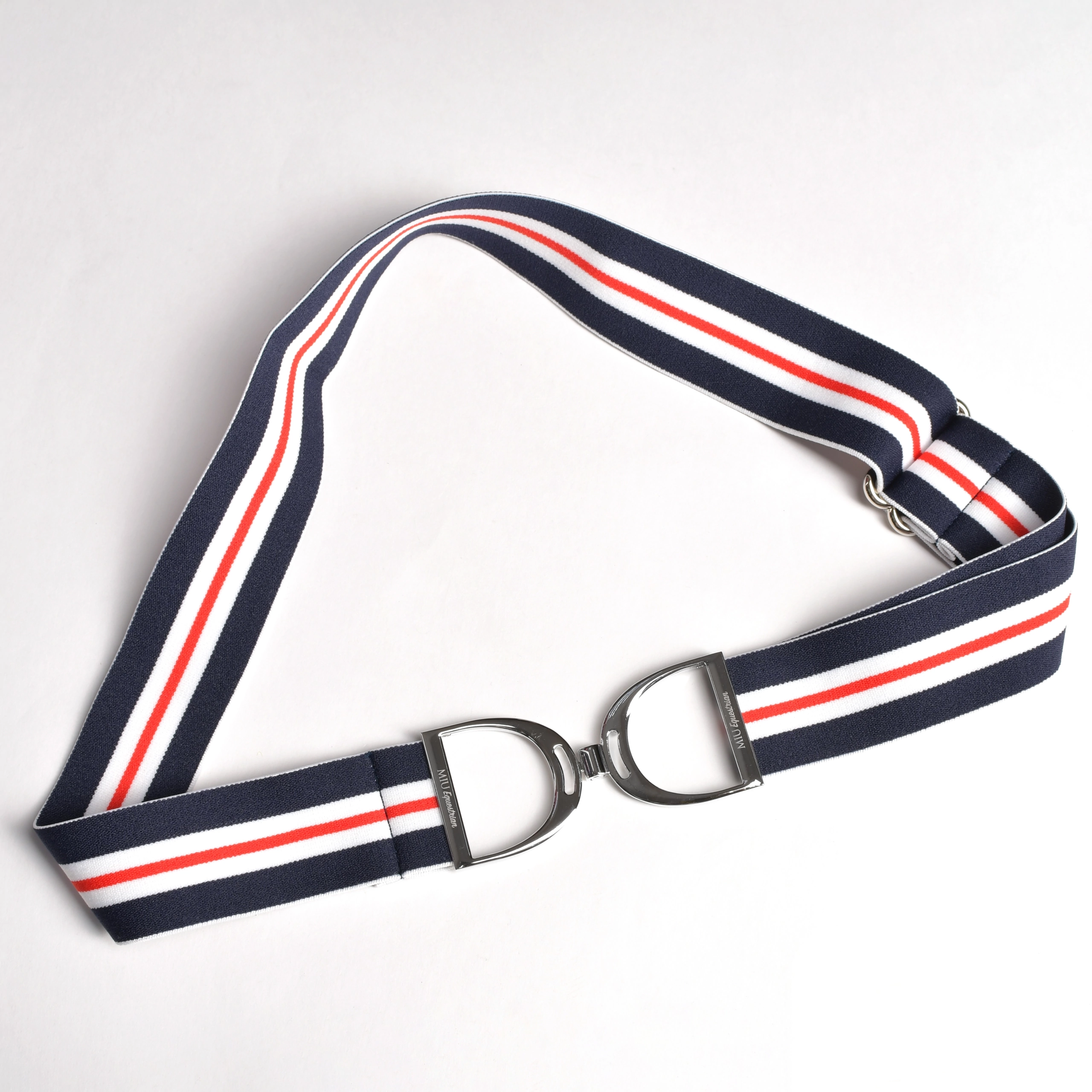 Ремень эластичный пряжка стремя, полосатый 4см, синий/белый/красный