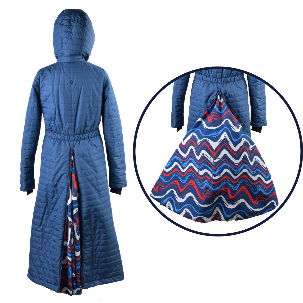 Пальто длинное с цветными вставками 135см синий