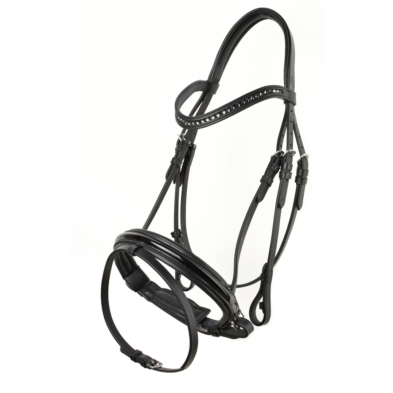 Оголовье трензельное Venezia с лаковым капсулем и стразами чёрный