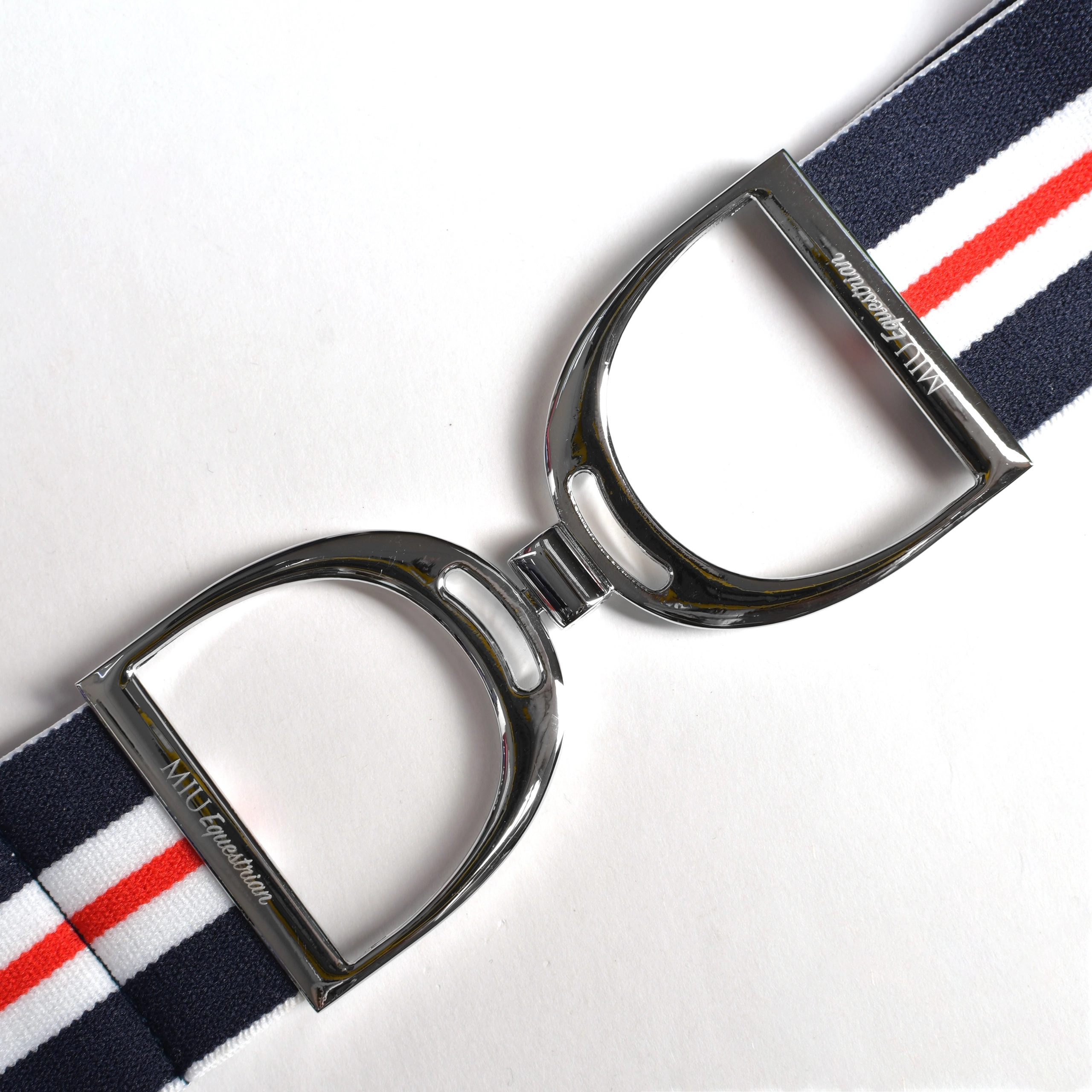 Ремень эластичный пряжка стремя, полосатый 4см, синий/белый/красный