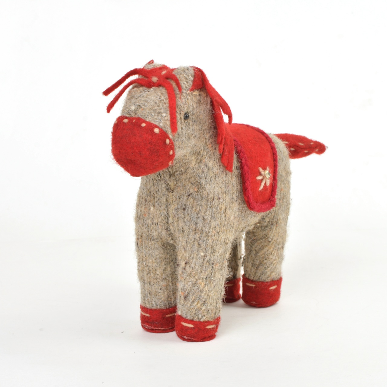 Лошадь вязаная, декор, серый/красный